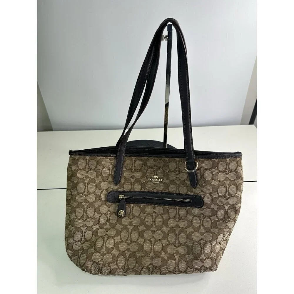 COACH TAYLOR PURSE Khaki & brown Signature C Jacquard Shoulder Tote Bag 37229
